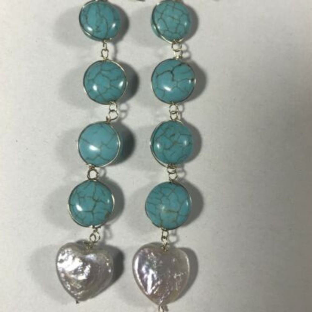 Turquoise and Perl Dangling Earrings Gold Filled - Picture 3 of 6